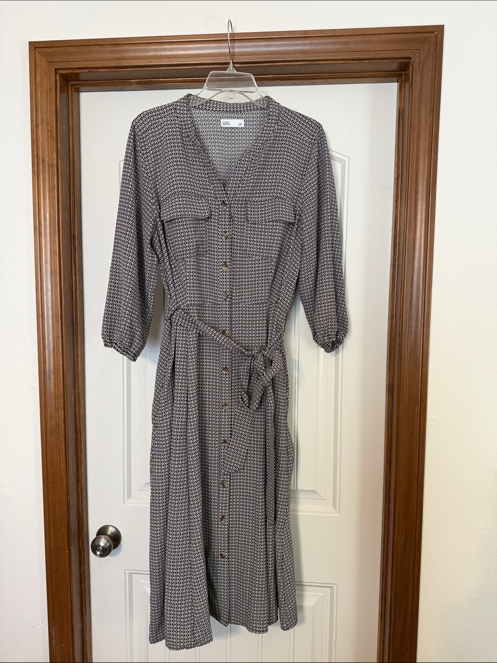 Button-Front Brown Patterned Midi Dress with Belt